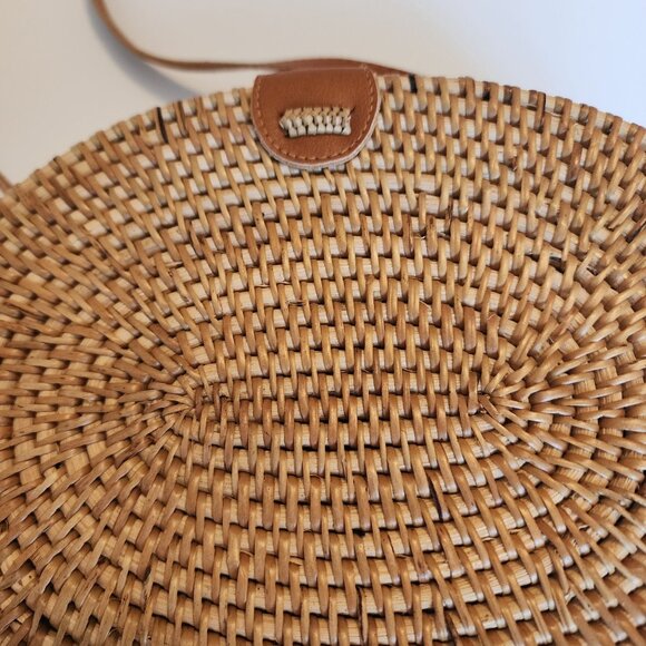 Woven Rattan Round Crossbody Bag With Leather Strap & Floral Lining - Picture 6 of 11